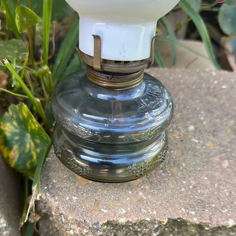 Vintage Three Star brand Glass Oil Lamp with White and Blue Accents